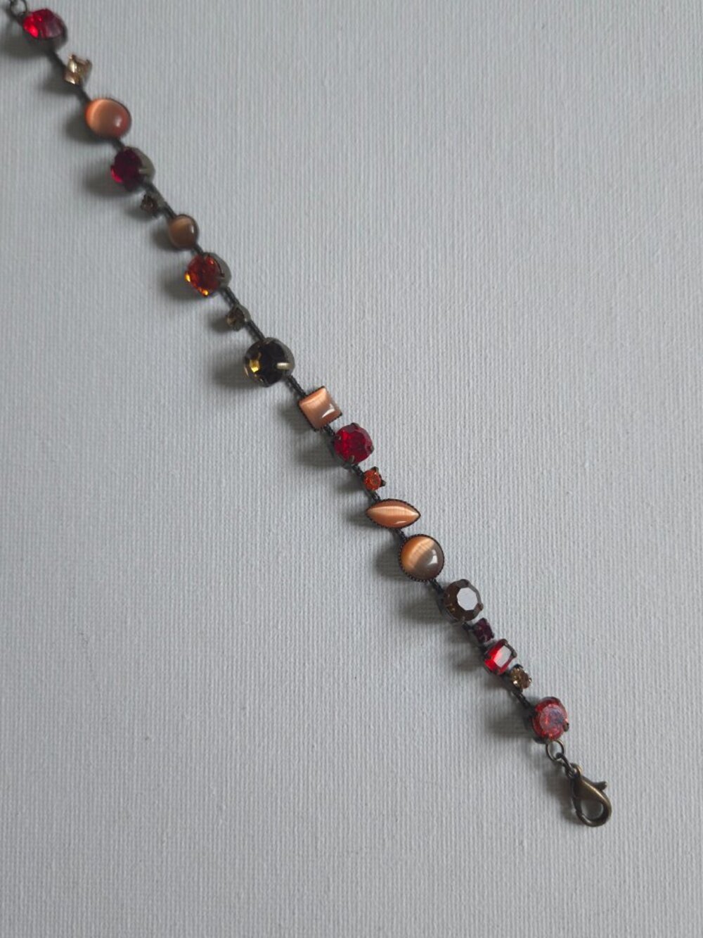 Vintage MEXX Signed Multi Gem Bracelet, Amber Red Rhinestone CatEye Cabochon Y2k